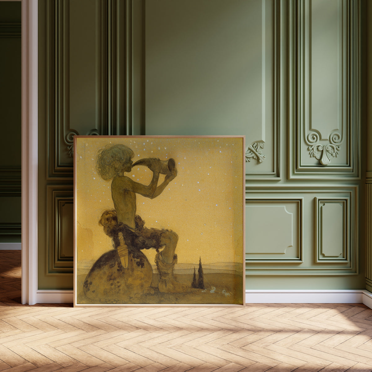 Framed art print of Vill Vallareman (a Fairy Shepherd) by John Bauer, leaning against olive-green panelling on a herringbone floor