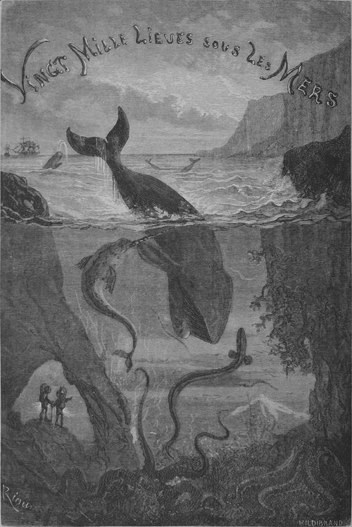 Vingt mille lieues sous les mers: title vignette (Twenty Thousand Leagues Under the Sea) by Édouard Riou — A whale dives past helmeted divers into a sea of