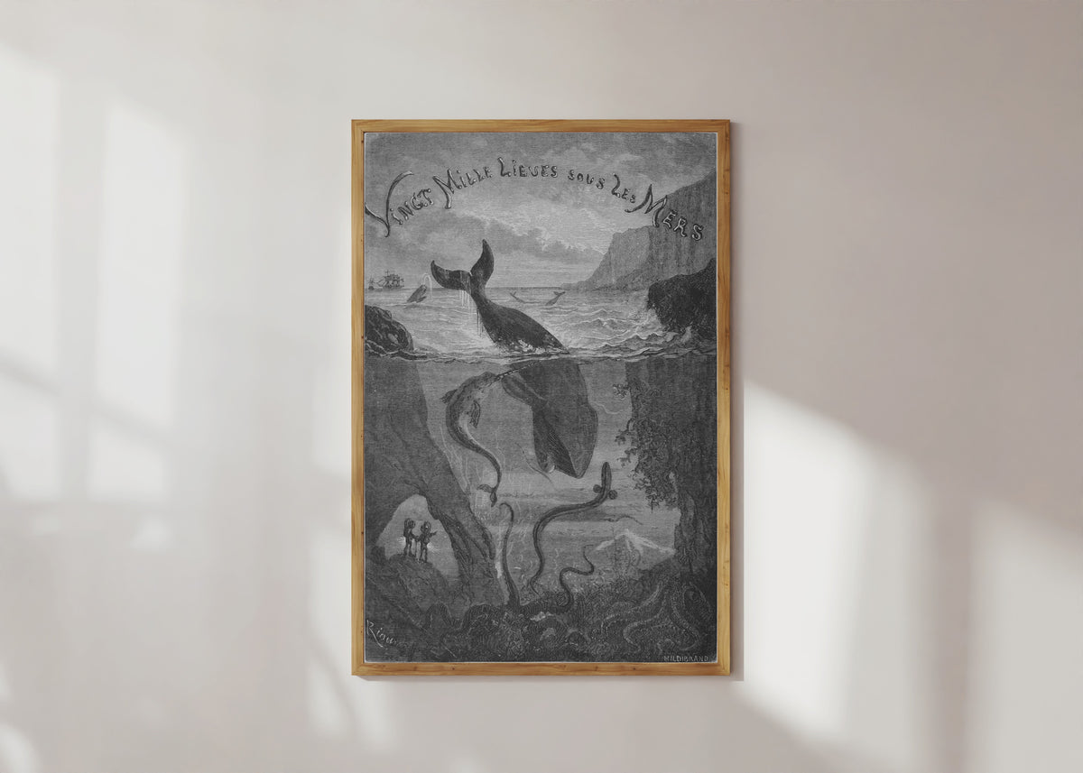 Framed art print of Vingt mille lieues sous les mers: title vignette (Twenty Thousand Leagues… by Édouard Riou, in a light wood frame on a sunlit white wall