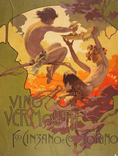 Vino Vermouth Fco. Cinzano e C.º by Adolfo Hohenstein — Two grape-gatherers in the vines under a blazing sunset
