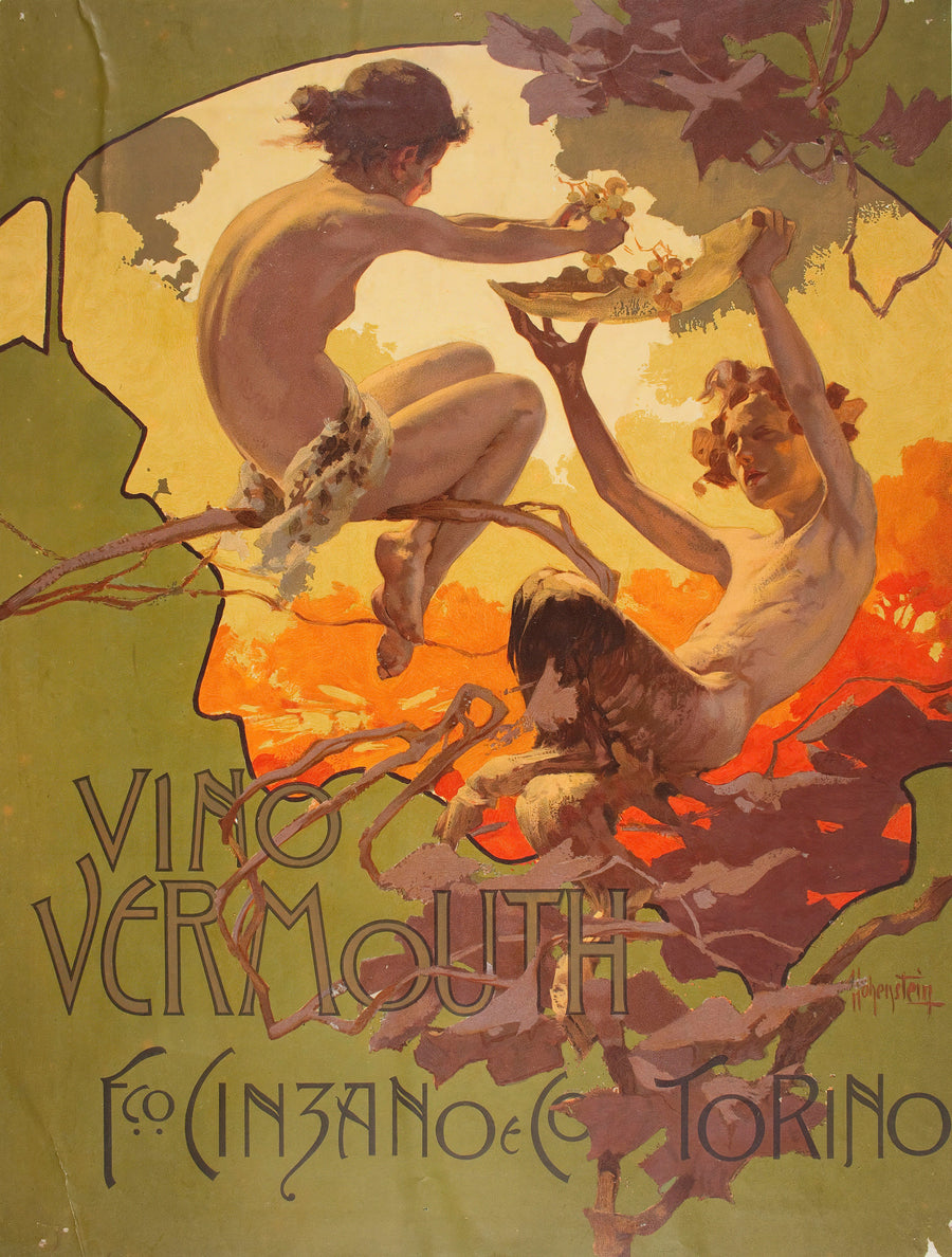 Adolfo Hohenstein — Vino Vermouth Fco. Cinzano e C.º | Vintage Poster Print shown to scale on a wall above a sofa