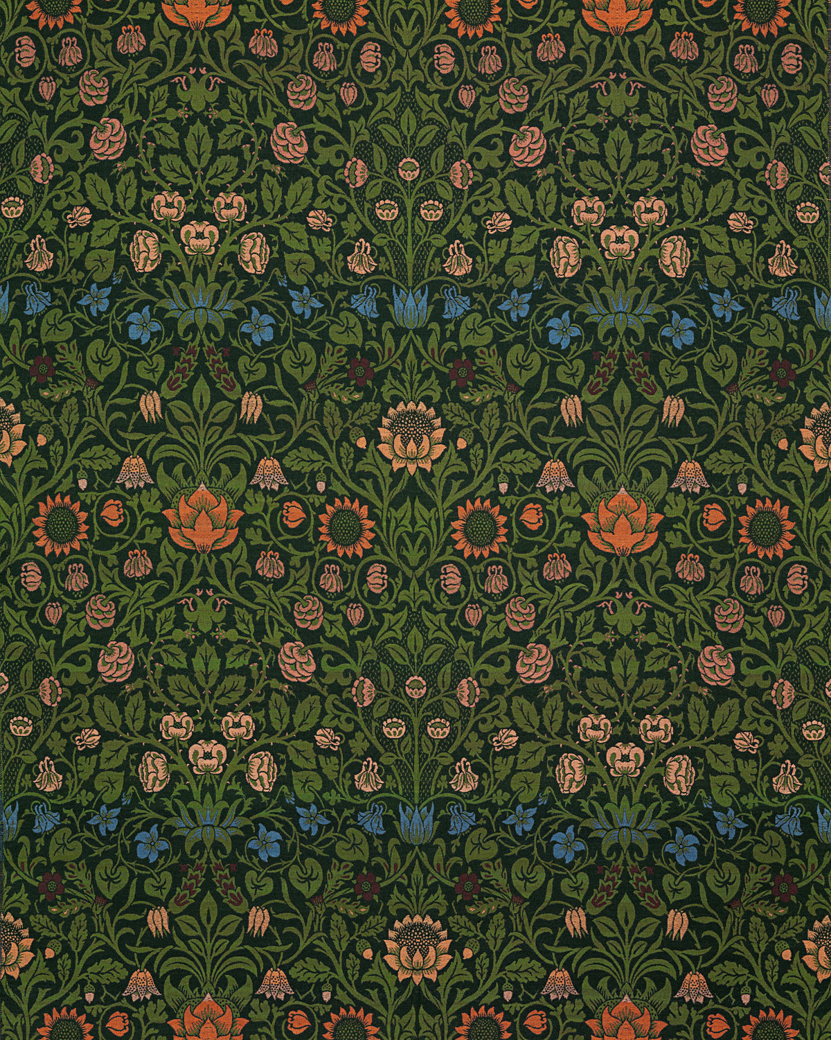 Violet and Columbine by William Morris — Peach and blue flowers among dark green scrolling leaves