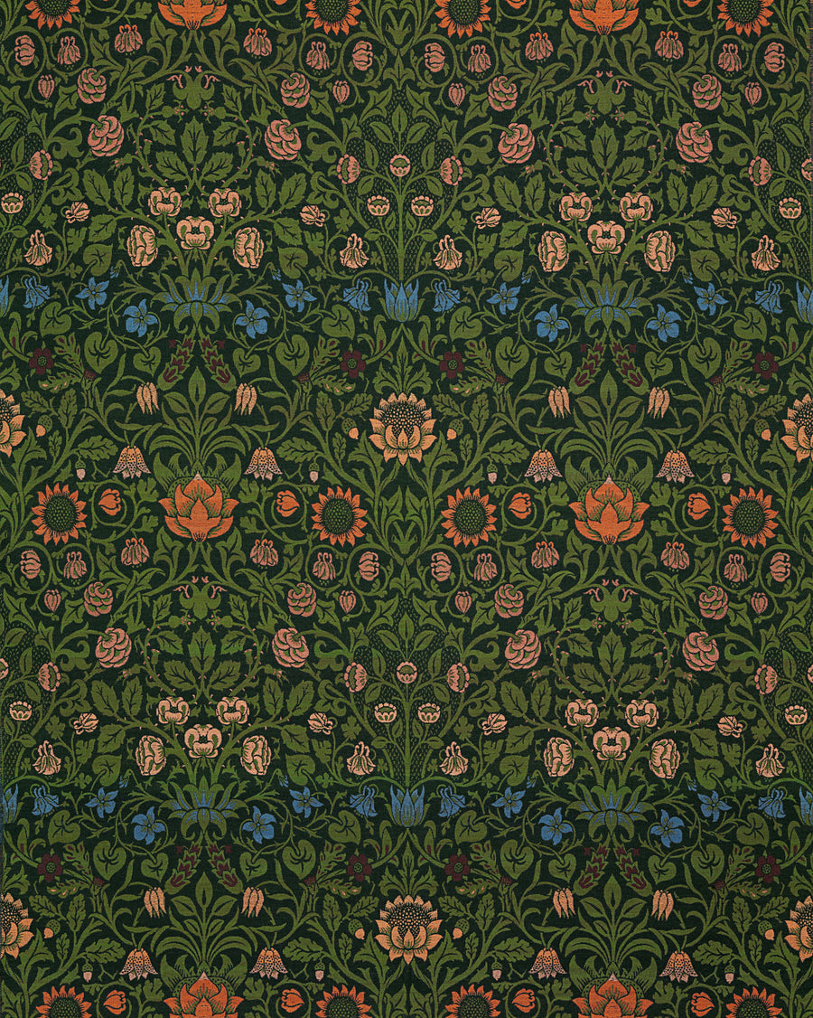 William Morris — Violet and Columbine | Botanical Art Print shown to scale on a wall above a sofa