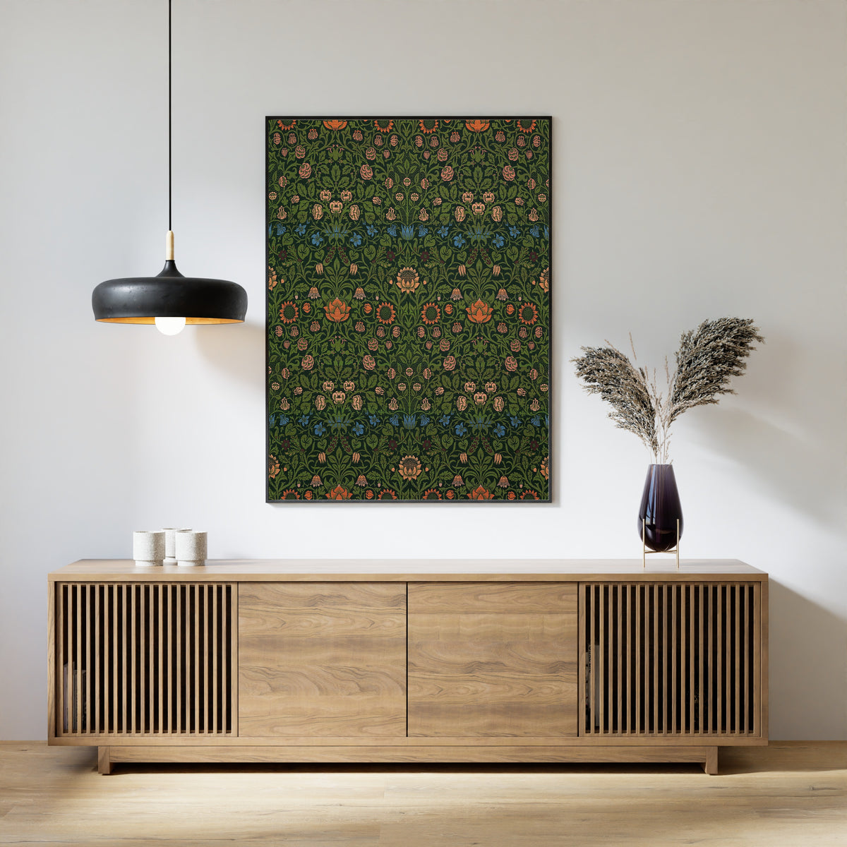 Framed art print of Violet and Columbine by William Morris, above a slatted wood sideboard