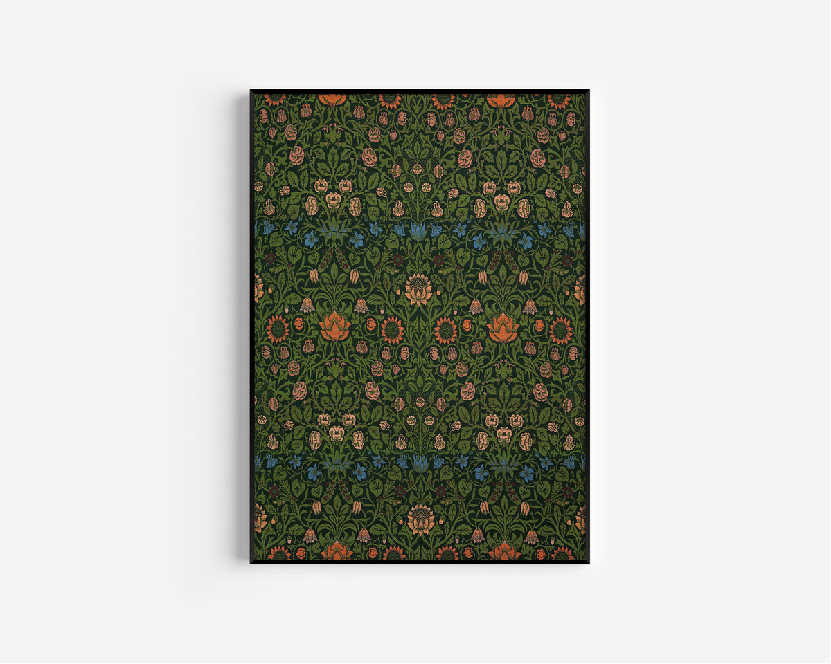 Framed art print of Violet and Columbine by William Morris, in a slim black frame on a plain white wall