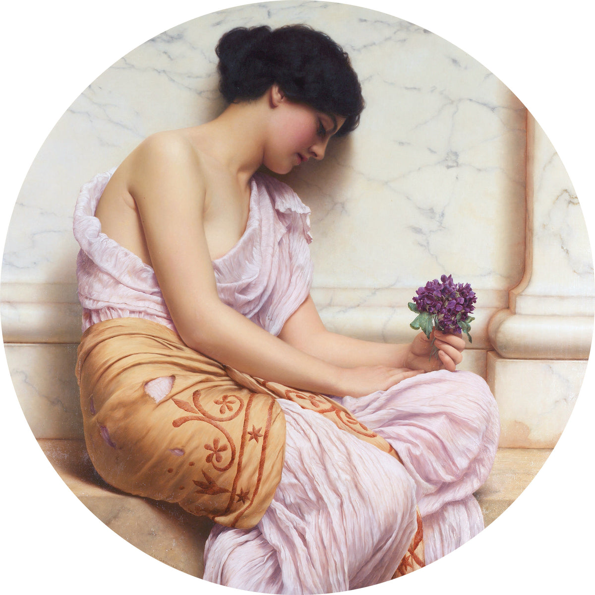Violets, Sweet Violets by John William Godward — A dark-haired woman bows her head over a posy of violets