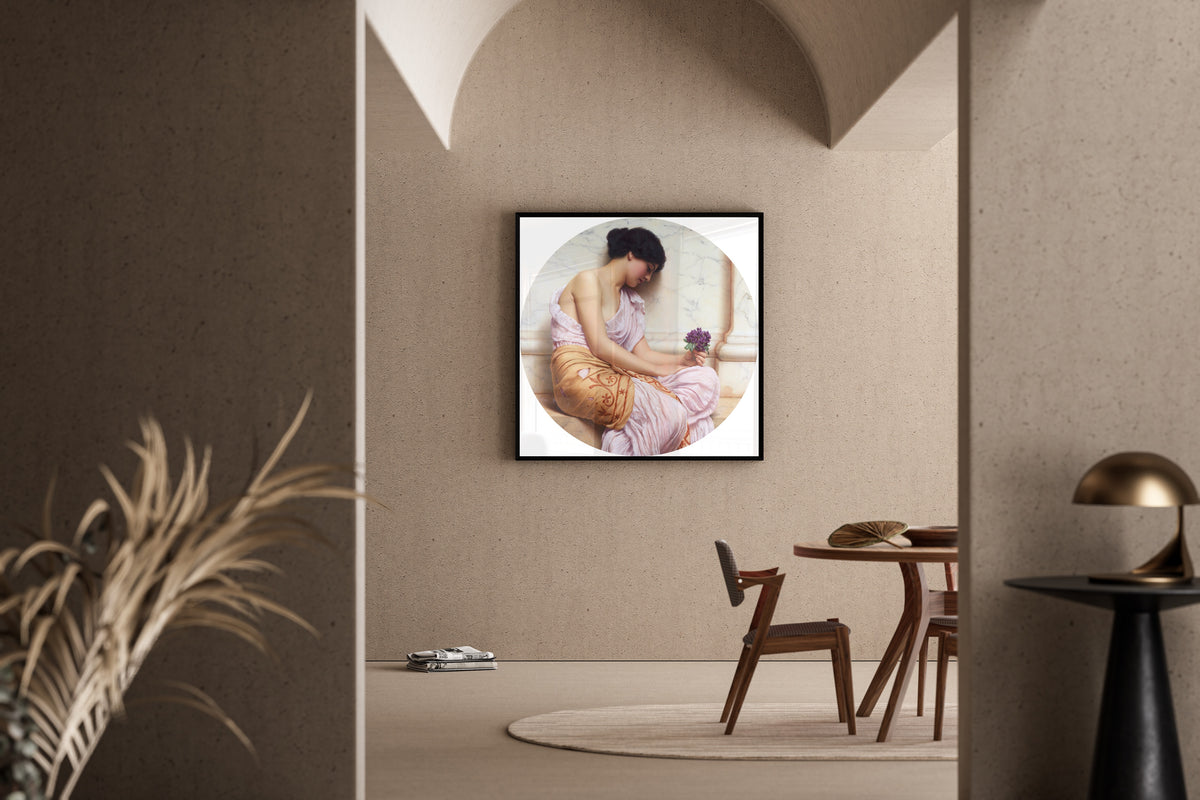 Framed art print of Violets, Sweet Violets by John William Godward, in a sunlit dining corner