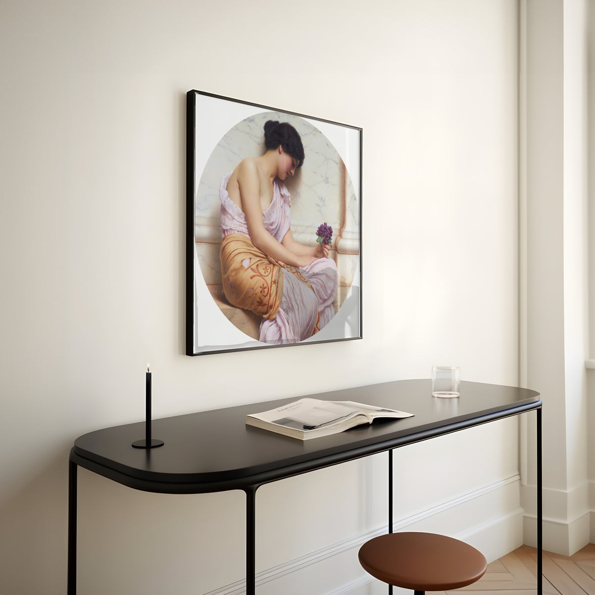 Framed art print of Violets, Sweet Violets by John William Godward, above a slim black console table
