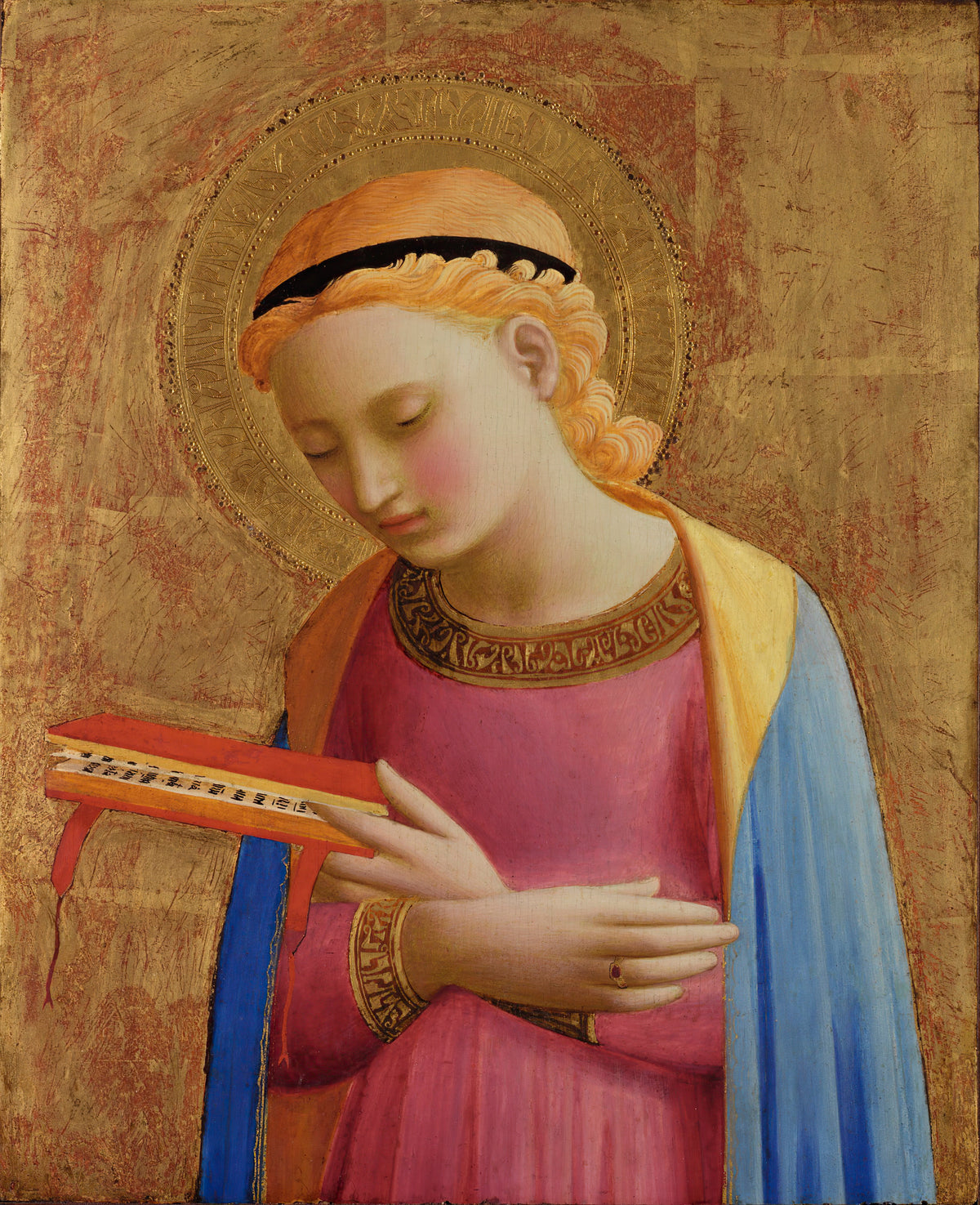 Virgin Annunciate by Fra Angelico — A young woman bows her head against a worn gold ground