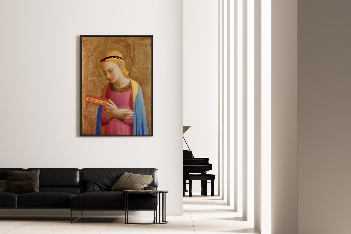 Framed art print of Virgin Annunciate by Fra Angelico, on the wall of a minimal living room
