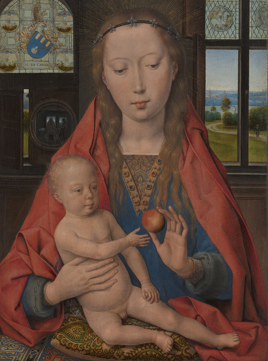 Hans Memling — Virgin Mary with the Child Jesus | Fine Art Print shown to scale on a wall above a sofa