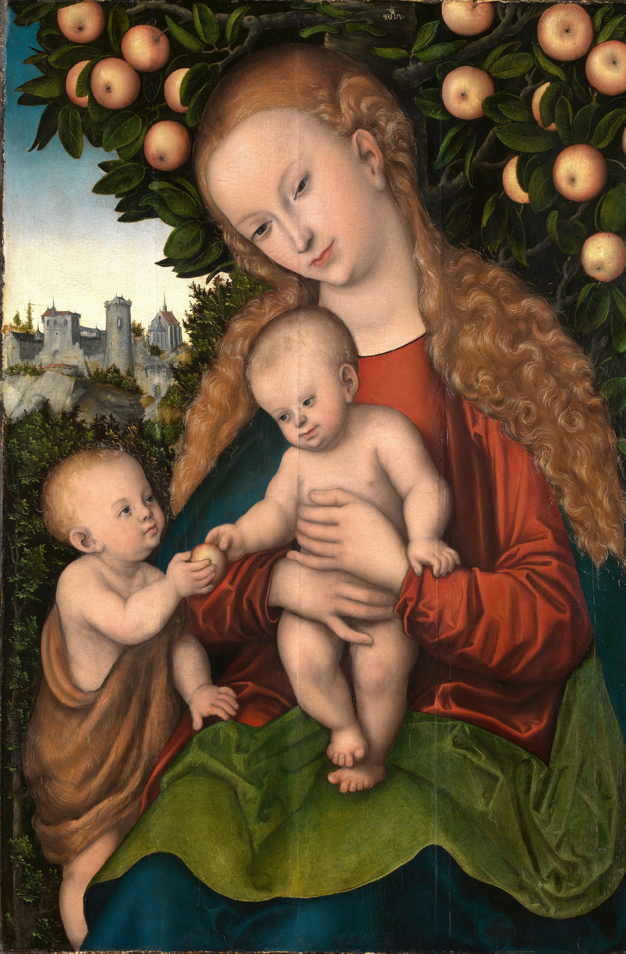 Lucas Cranach the Elder — Virgin and Child with Saint John under an Apple Tree | Fine Art Print shown to scale on a wall above a sofa