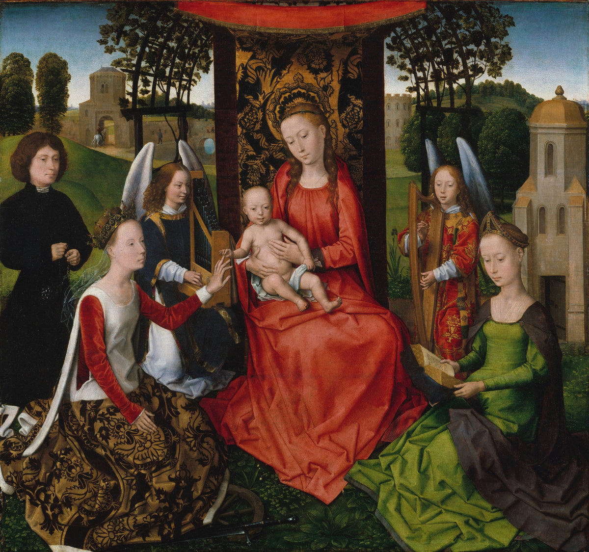 Virgin and Child with Saints Catherine of Alexandria and Barbara by Hans Memling — Two saints and angel musicians gather around the Virgin
