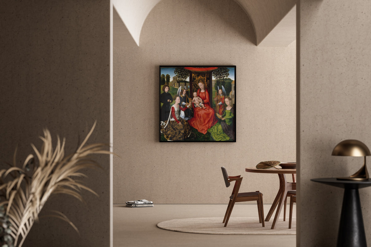 Framed art print of Virgin and Child with Saints Catherine of Alexandria and Barbara by Hans Memling, in a sunlit dining corner