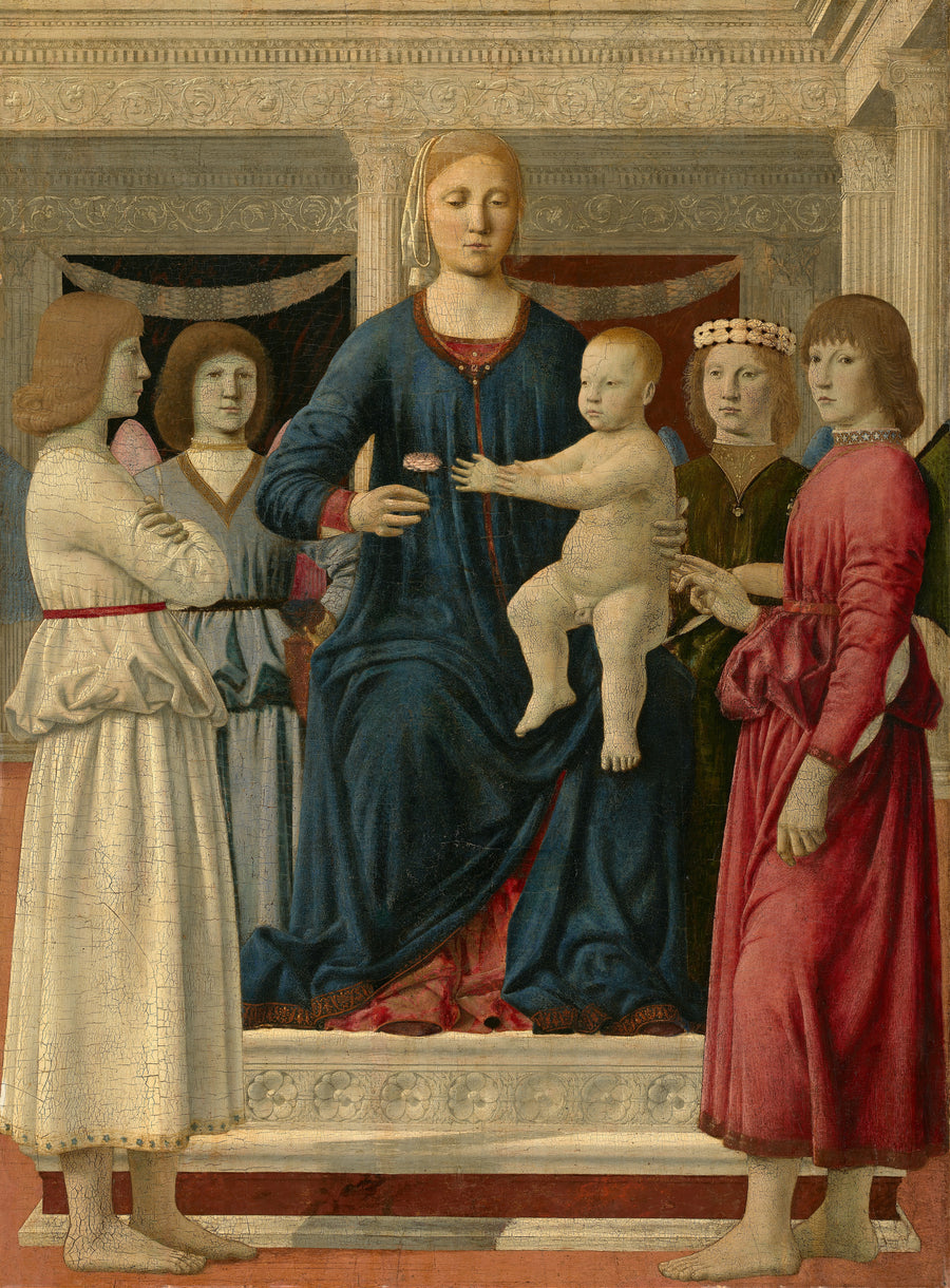 Piero della Francesca — Virgin and child enthroned with four angels | Fine Art Print shown to scale on a wall above a sofa