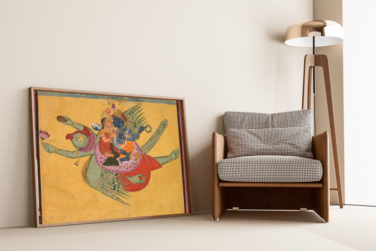 Bundi school — Vishnu and Lakshmi on Garuda | Indian Miniature Painting Print
