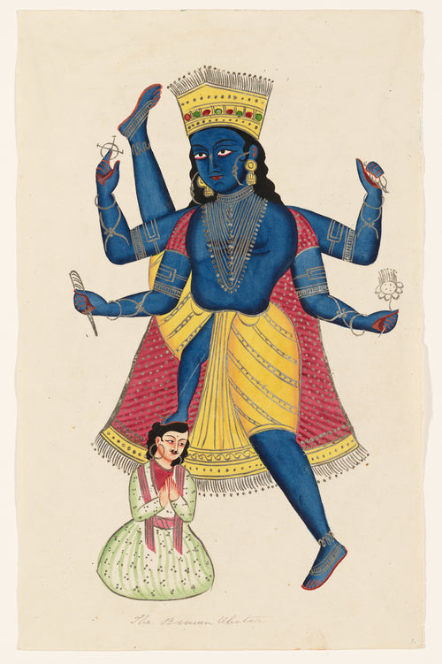 Vishnu as Vamana defeating King Mahabali by Kalighat painter — Blue-skinned Vishnu strides over a kneeling king with palms joined