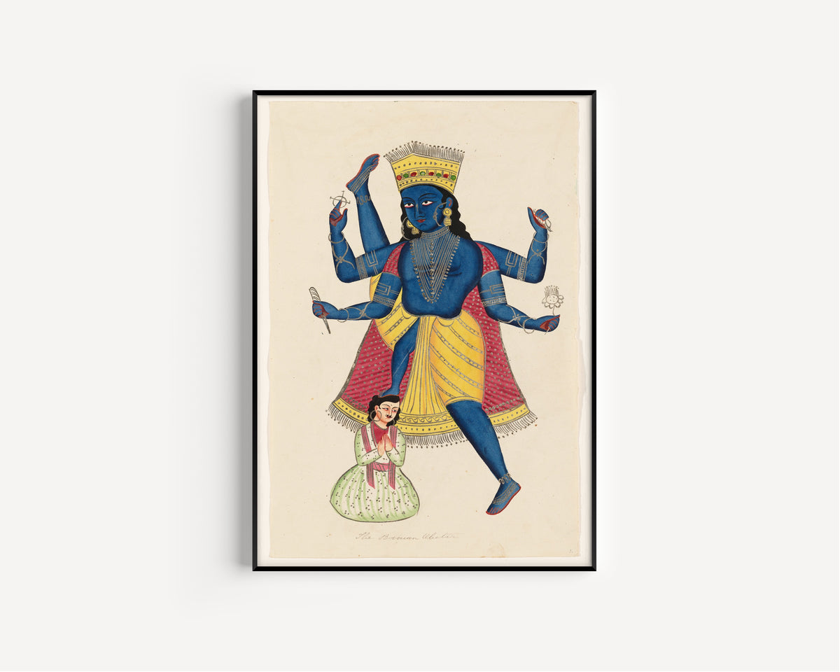 Framed art print of Vishnu as Vamana defeating King Mahabali by Kalighat painter, in a slim black frame on a plain white wall