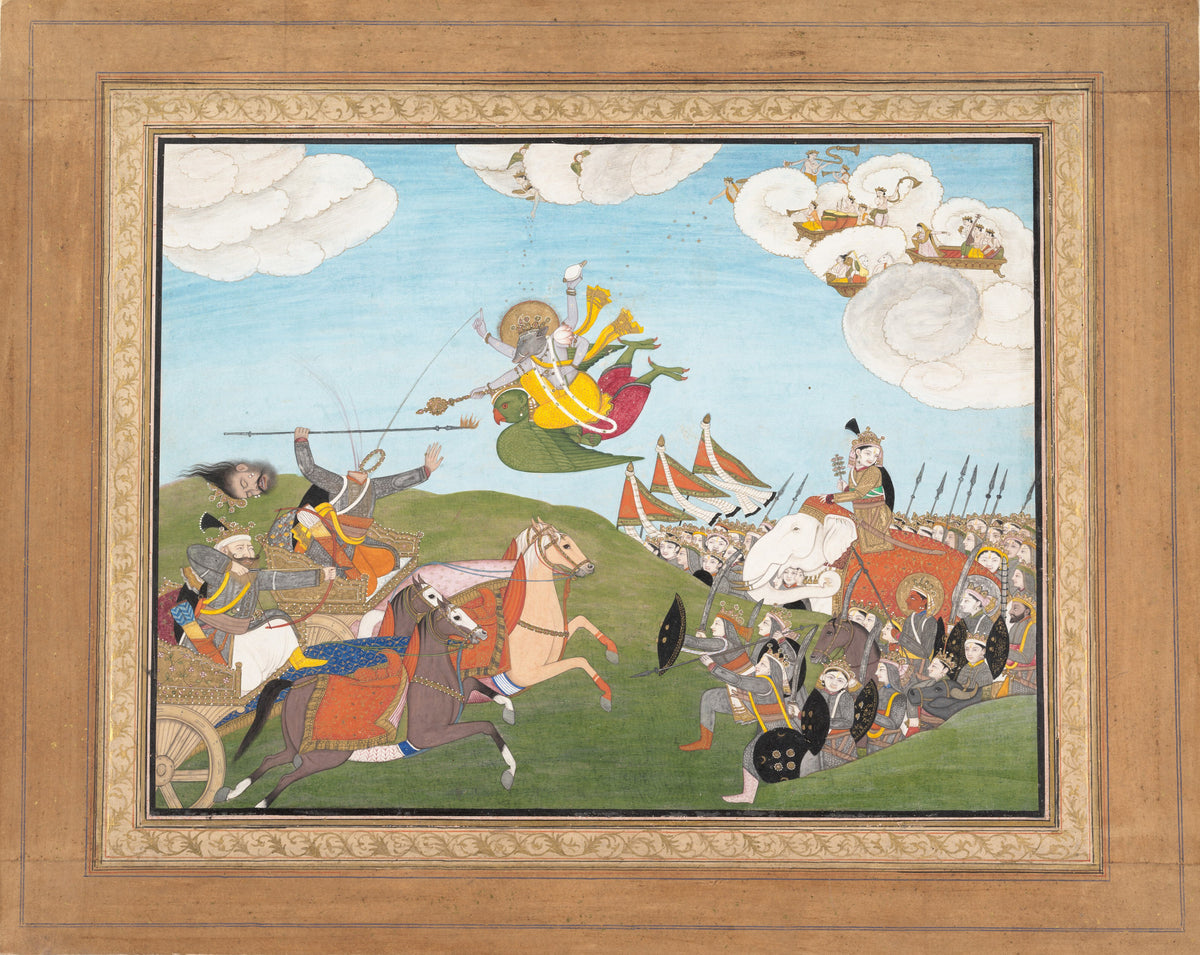 Vishnu as Varaha, the Boar Avatar, Slays Banasur, A Demon General: Page from an Unknown Manuscript by Guler school — A boar-headed Vishnu swoops down on Garuda