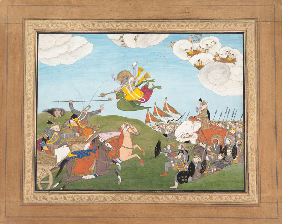 Guler school — Vishnu as Varaha, the Boar Avatar, Slays Banasur, A Demon General: Page from an Unknown Manuscript | Indian Miniature Painting Print shown to scale on a wall above a sofa