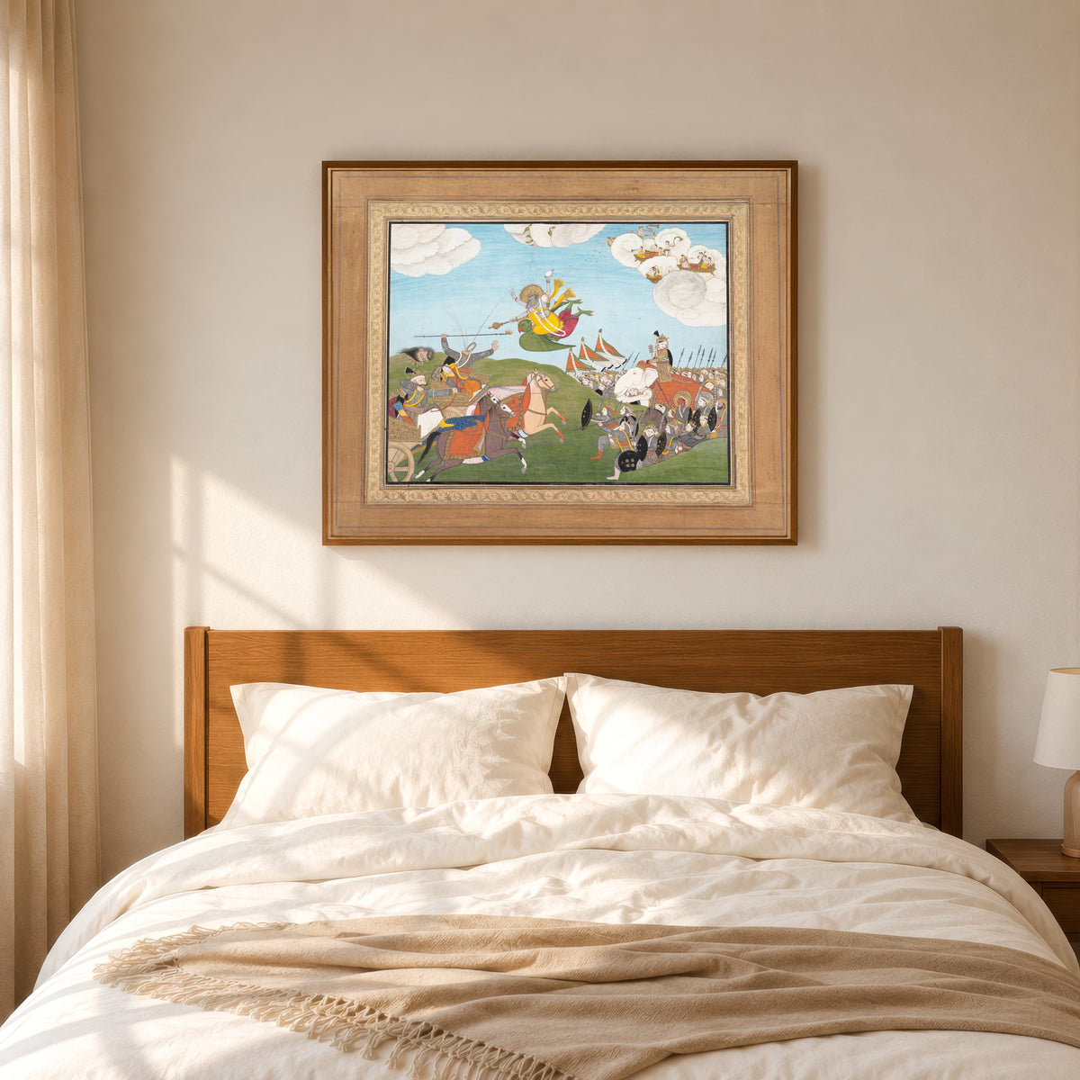 Framed art print of Vishnu as Varaha, the Boar Avatar, Slays Banasur, A Demon General… by Guler school, in a slim wood frame above a bed in a sunlit bedroom