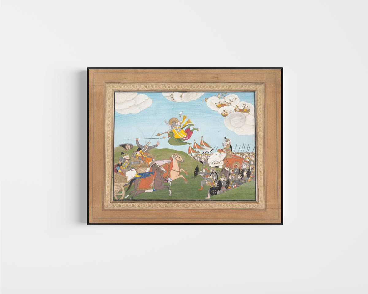 Framed art print of Vishnu as Varaha, the Boar Avatar, Slays Banasur, A Demon General: Page from… by Guler school, in a slim black frame on a plain white wall