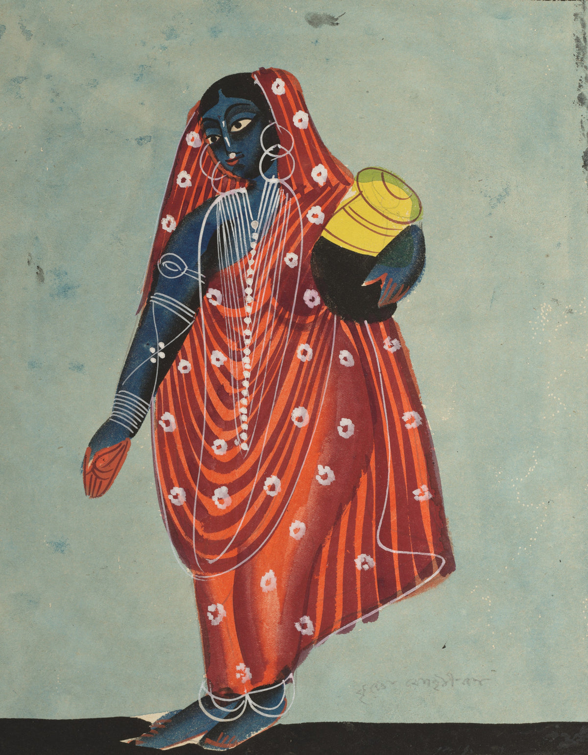 Kalighat painter — Vishnu in Female Form of Mohini Carrying Amrita for the Gods | Kalighat Painting Print