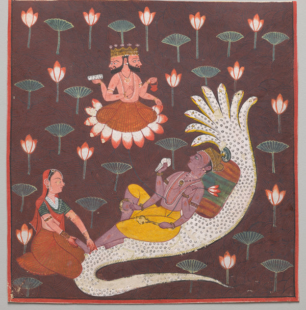 Chamba school — Vishnu on Ananta, the Endless Serpent | Indian Miniature Painting Print