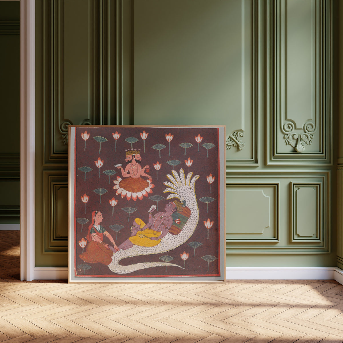 Chamba school — Vishnu on Ananta, the Endless Serpent | Indian Miniature Painting Print