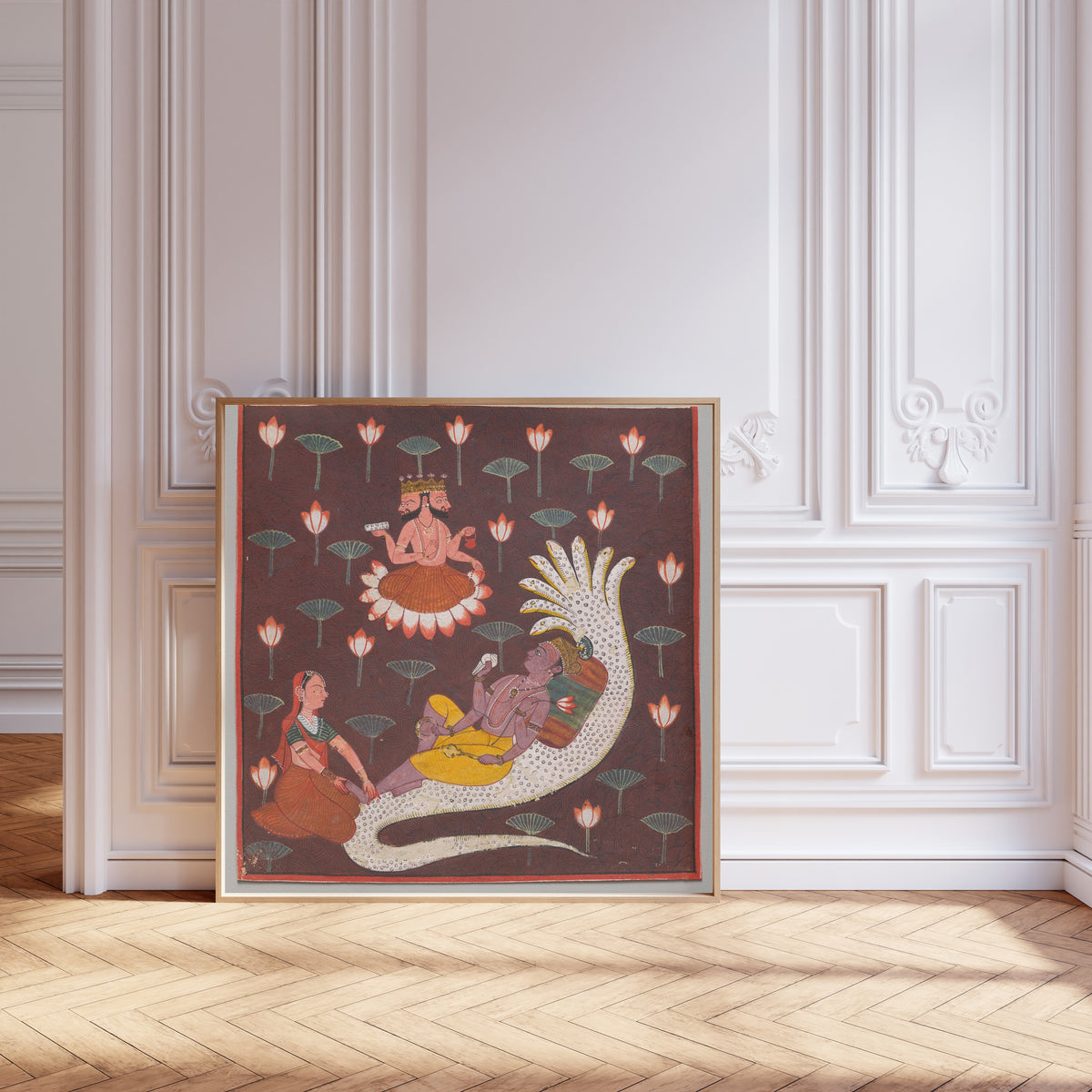 Chamba school — Vishnu on Ananta, the Endless Serpent | Indian Miniature Painting Print