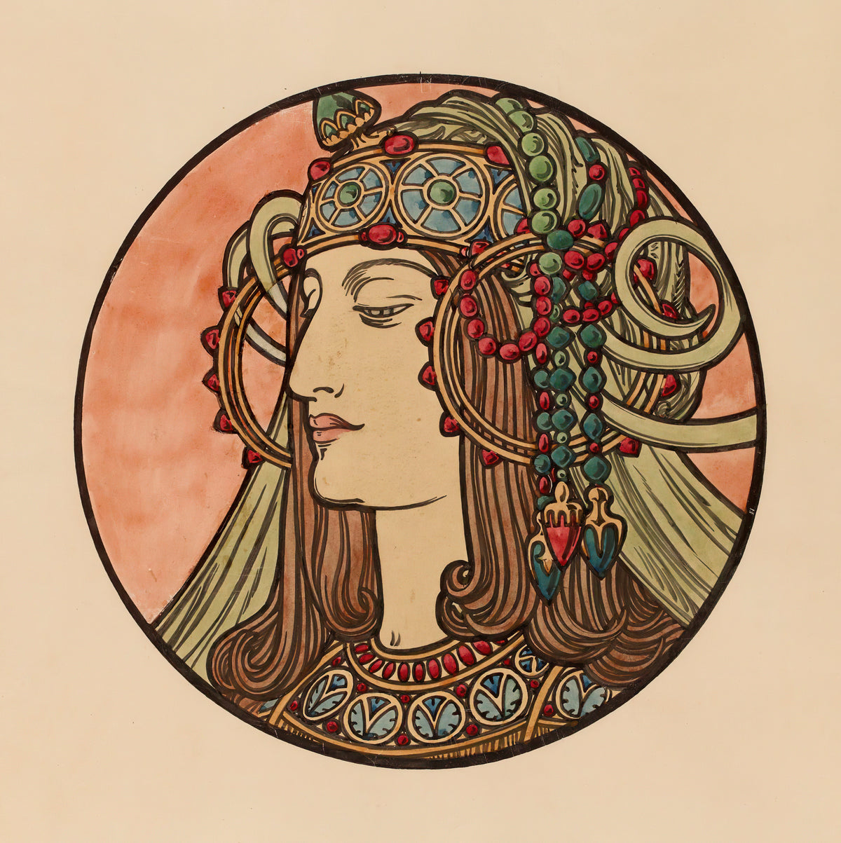 Vitrail pour la façade de la boutique Fouquet (jewelled headdress) by Alphonse Mucha — A woman in profile wears a headdress strung with red and green beads