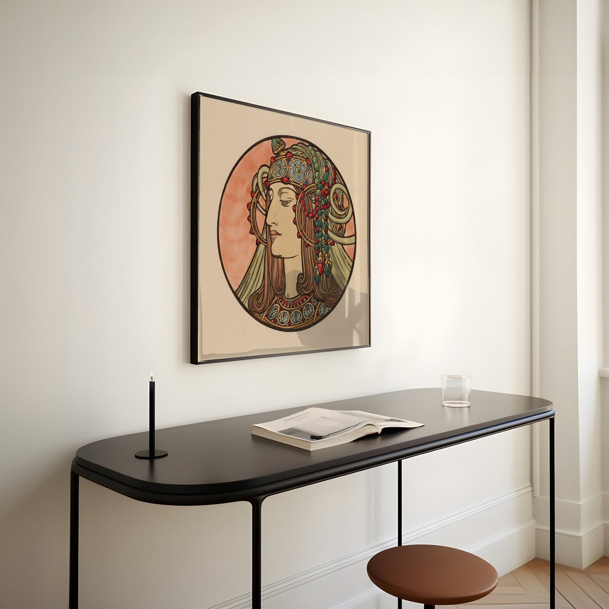 Framed art print of Vitrail pour la façade de la boutique Fouquet (jewelled headdress) by Alphonse Mucha, above a slim black console table