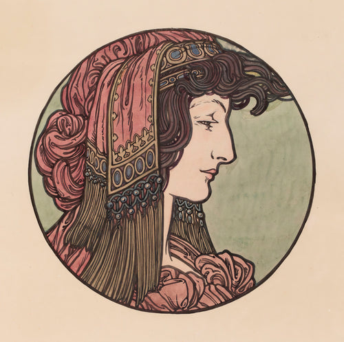 Vitrail pour la façade de la boutique Fouquet (pink headcloth) by Alphonse Mucha — A woman in profile in a pink headcloth hung with beaded tassels