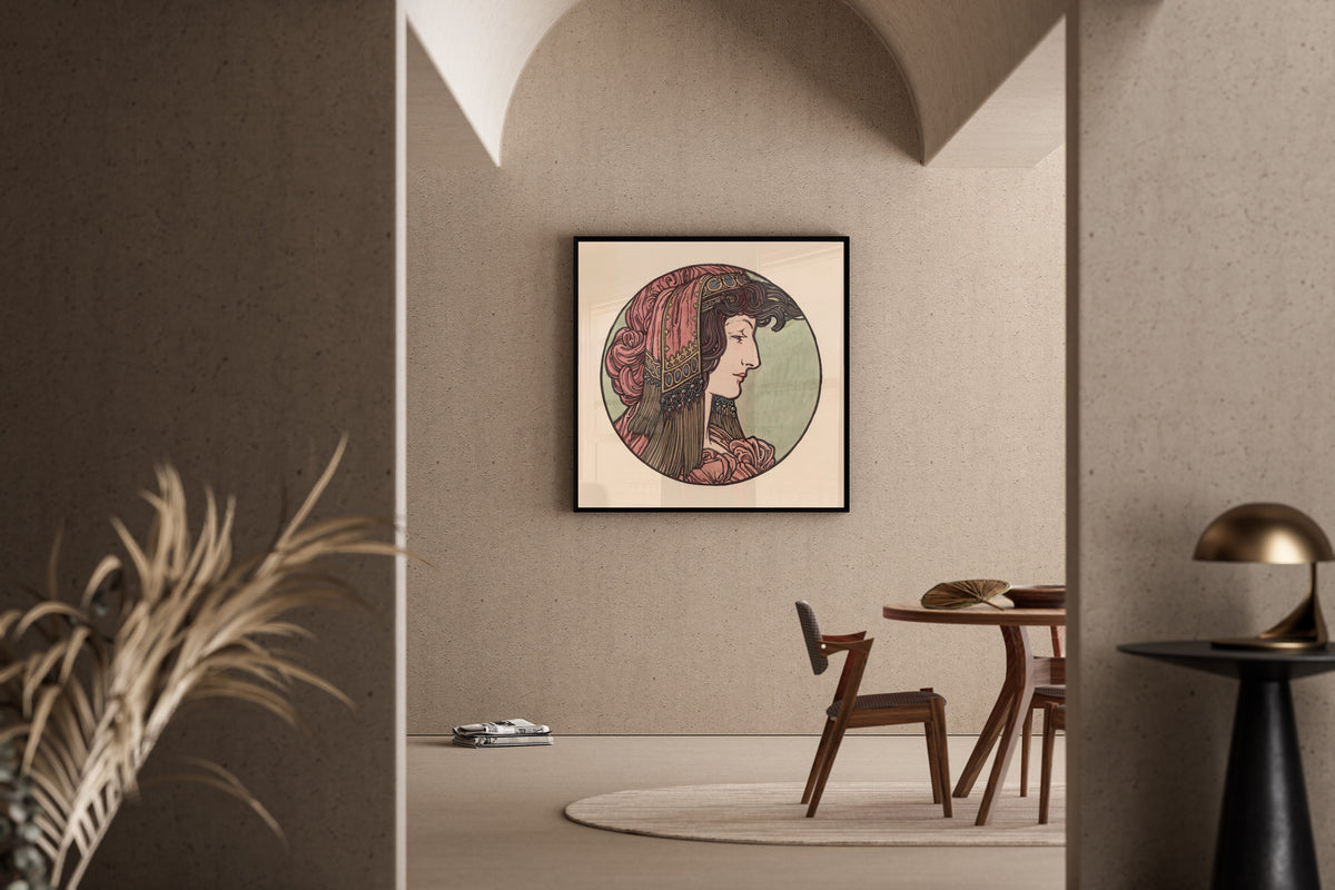 Framed art print of Vitrail pour la façade de la boutique Fouquet (pink headcloth) by Alphonse Mucha, in a sunlit dining corner