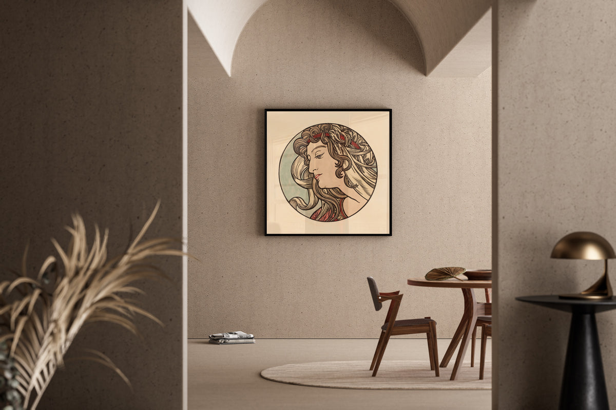 Framed art print of Vitrail pour la façade de la boutique Fouquet (red headband) by Alphonse Mucha, in a sunlit dining corner