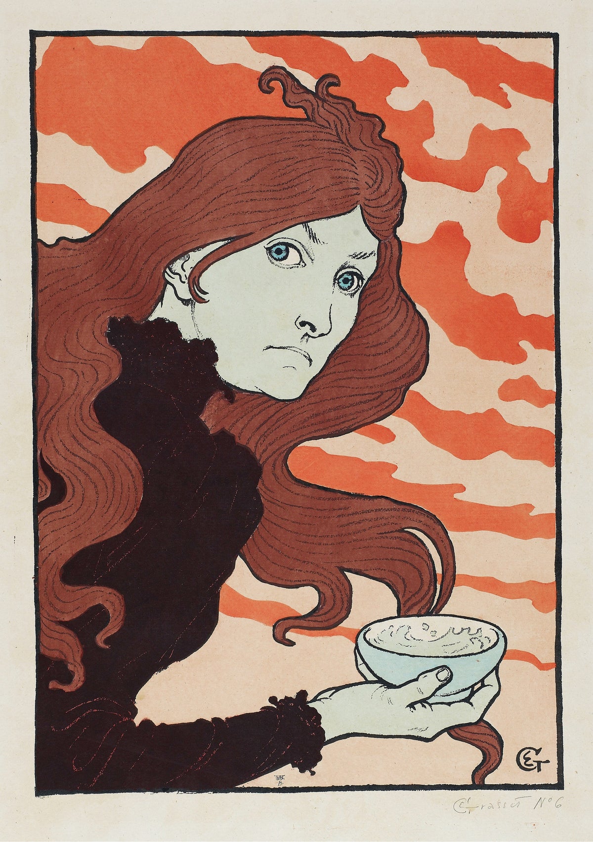 Vitrioleuse (The Acid Thrower) by Eugène Grasset — A wary red-haired woman holds out a pale blue bowl