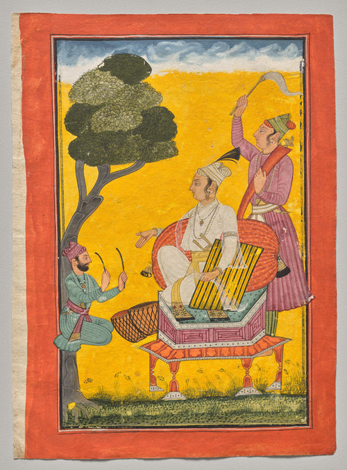 Vivacha Ragaputra, from a Ragamala by Pahari school — A prince on a hexagonal dais, with a fan-bearer and a drummer