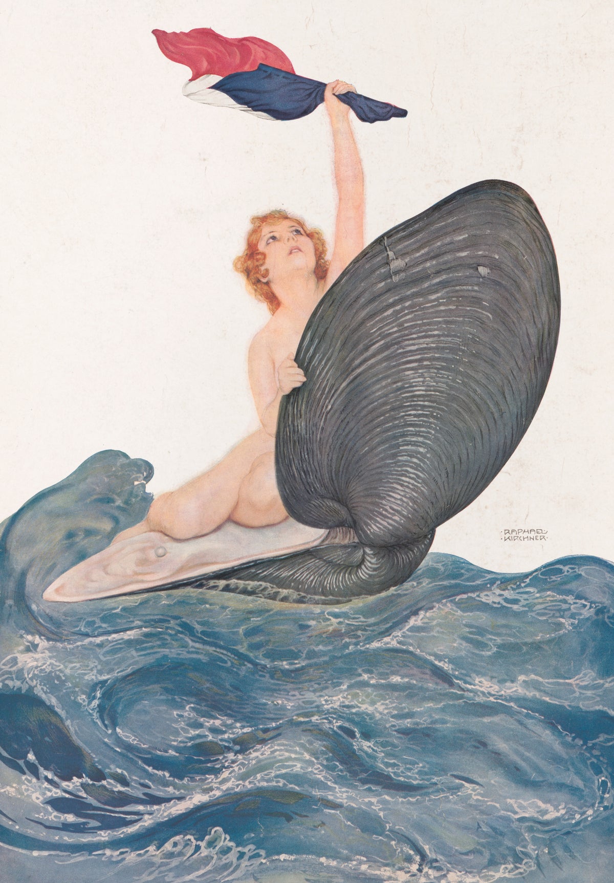 Vive la France by Raphael Kirchner — A woman on a giant shell holds the French flag over a stormy sea