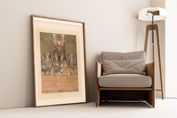 Bernard Willem Wierink — Vos in monnikspij (Reinaert) aan voeten van leeuw (Nobel) [Reynard in monk's habit before King Nobel] | Art Nouveau Print