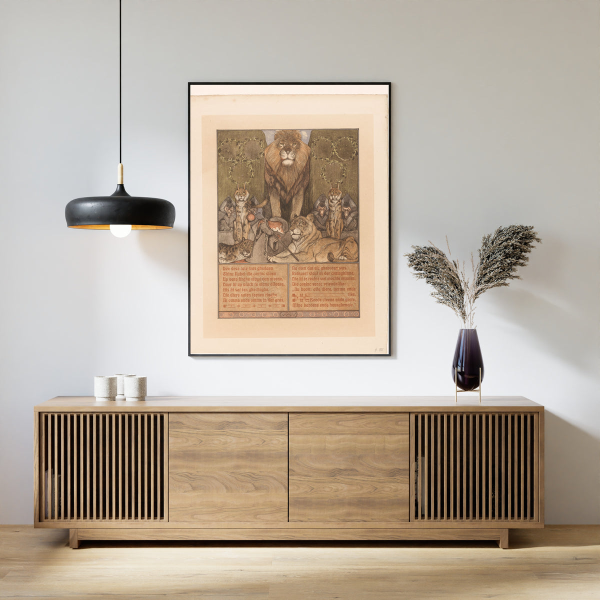 Bernard Willem Wierink — Vos in monnikspij (Reinaert) aan voeten van leeuw (Nobel) [Reynard in monk's habit before King Nobel] | Art Nouveau Print
