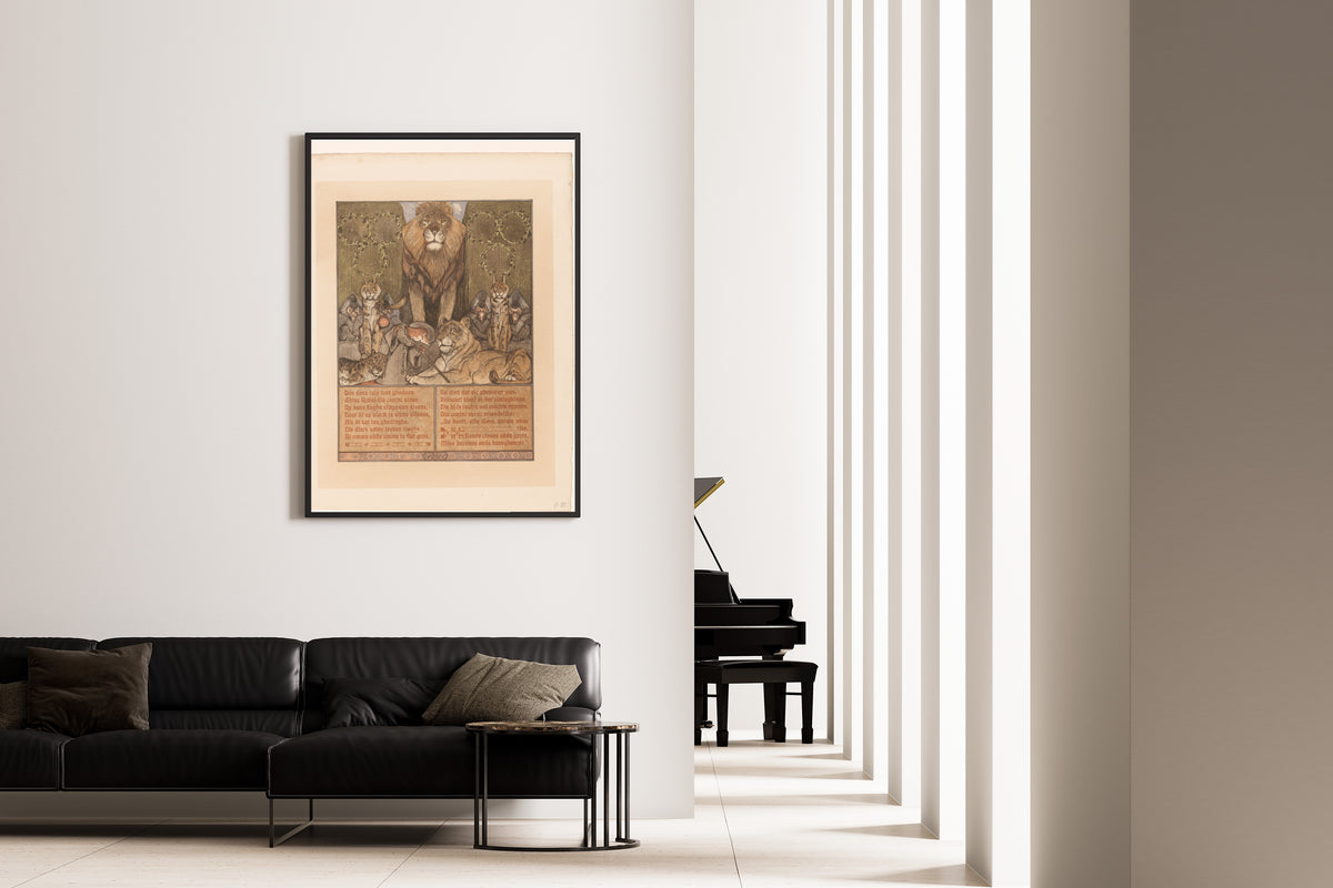 Bernard Willem Wierink — Vos in monnikspij (Reinaert) aan voeten van leeuw (Nobel) [Reynard in monk's habit before King Nobel] | Art Nouveau Print