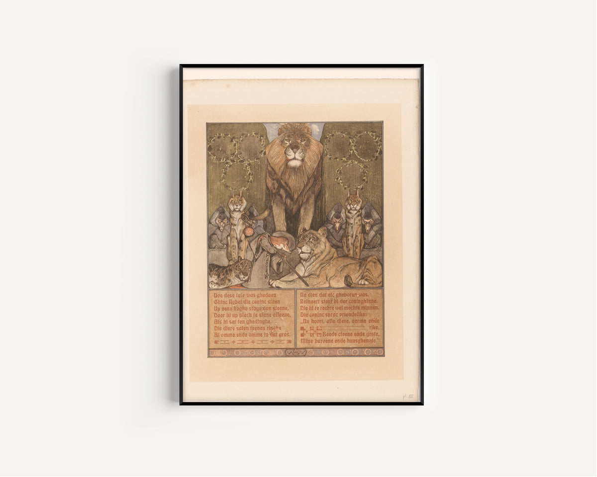 Bernard Willem Wierink — Vos in monnikspij (Reinaert) aan voeten van leeuw (Nobel) [Reynard in monk's habit before King Nobel] | Art Nouveau Print