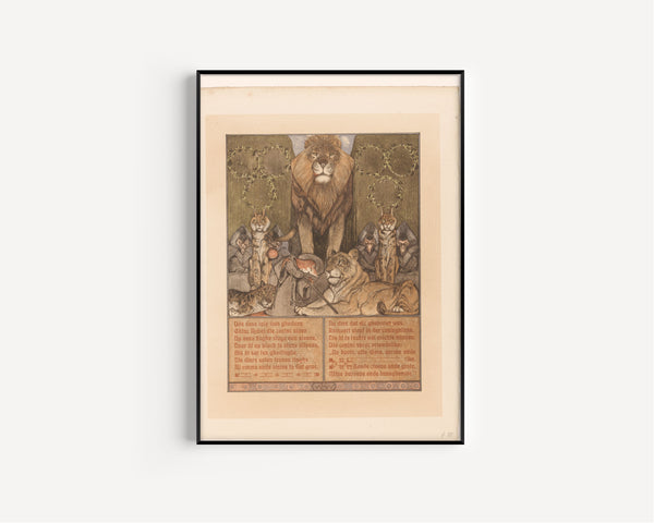 Bernard Willem Wierink — Vos in monnikspij (Reinaert) aan voeten van leeuw (Nobel) [Reynard in monk's habit before King Nobel] | Art Nouveau Print