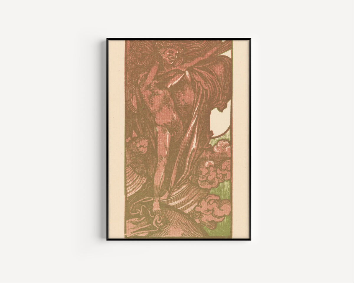 Johannes Josephus Aarts — Vrouw en jongen in de wolken [Woman and boy in the clouds] | Art Nouveau Woodcut Print