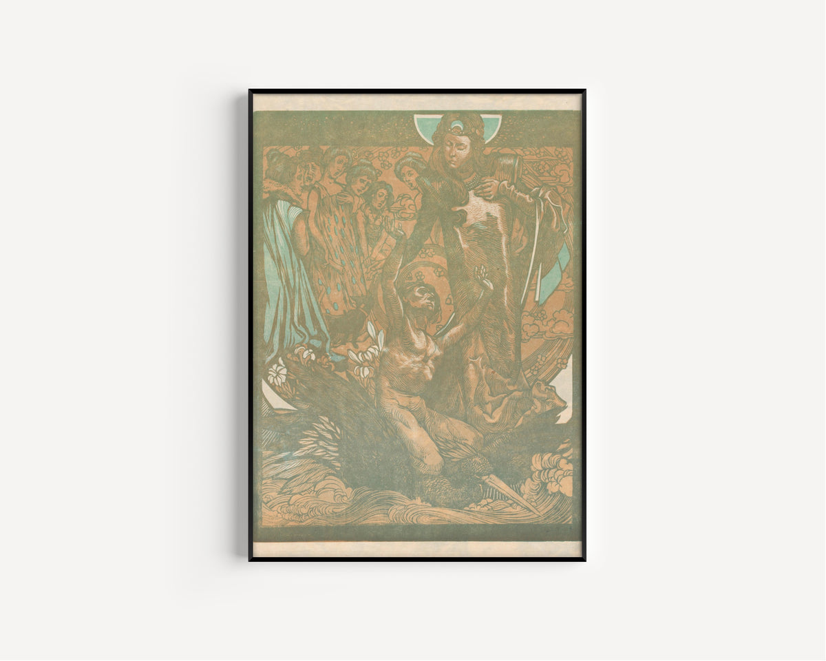 Johannes Josephus Aarts — Vrouwenfiguren met man op rug van vogel [Female figures with man on bird's back] | Art Nouveau Woodcut Print