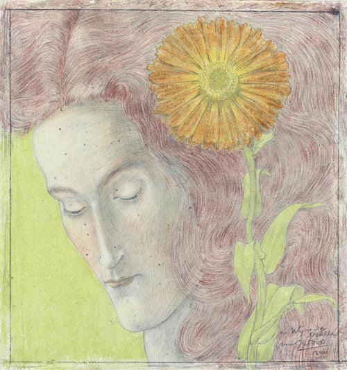 Vrouwenkop met rossig haar en Chrysant by Jan Toorop — A woman with russet hair and closed eyes wears a marigold-like flower