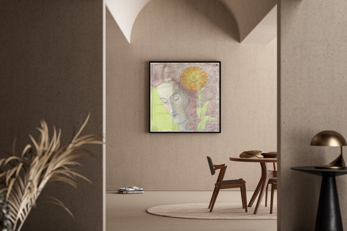 Framed art print of Vrouwenkop met rossig haar en Chrysant by Jan Toorop, in a sunlit dining corner