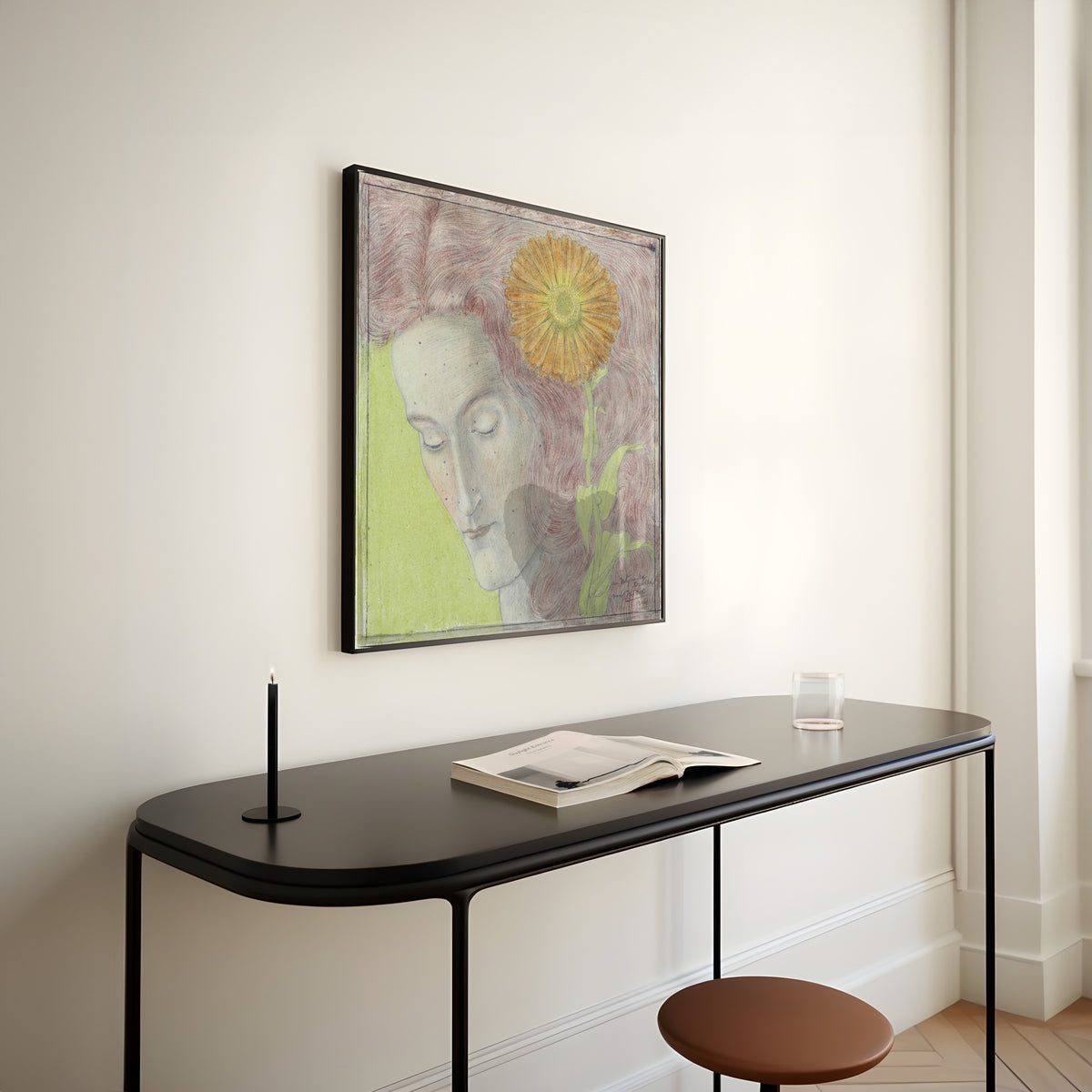 Framed art print of Vrouwenkop met rossig haar en Chrysant by Jan Toorop, above a slim black console table