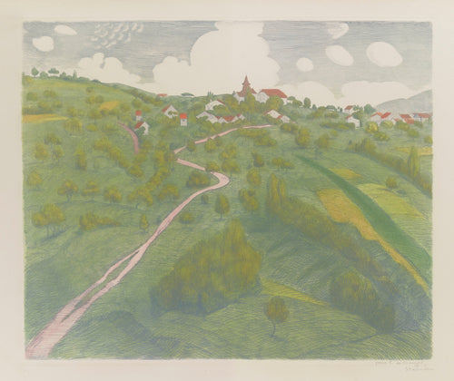 Vue de Belmont, près de Lausanne by Théophile Steinlen — A pink track winds up a green hillside to a village on the crest