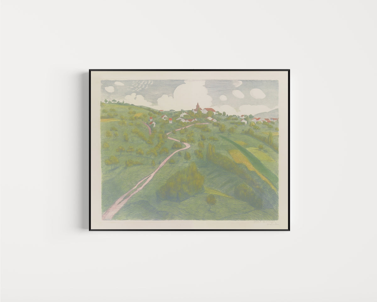 Framed art print of Vue de Belmont, près de Lausanne by Théophile Steinlen, in a slim black frame on a plain white wall